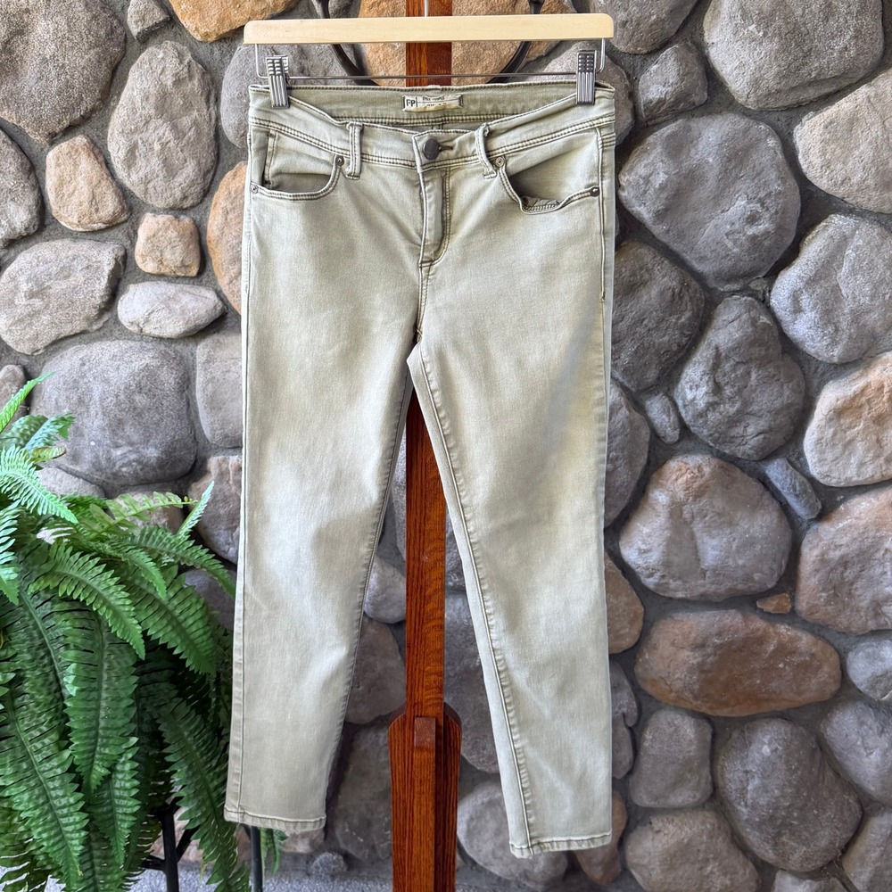 Free People Womens Mid Rise Skinny Jeans Olive Green Stretch Denim Size 28